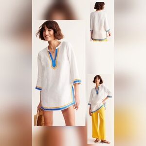 Boden SZ 16 White Linen Neck Detail Tunic Top/Dress Bell Sleeve Beach Loose Fit